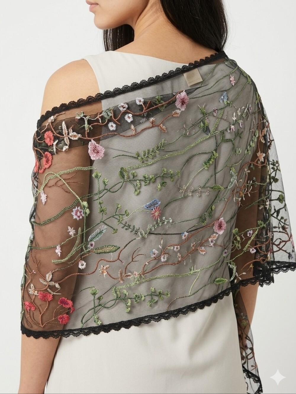 🔸️NWT Rachel Zoe Black Botanical Wildflower Embroidered Mesh Shawl Scarf Wrap